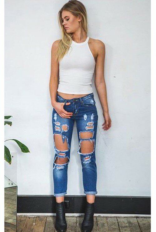 Spodnie Jeansowe z Dziurami na Kolanach Ciemny Denim