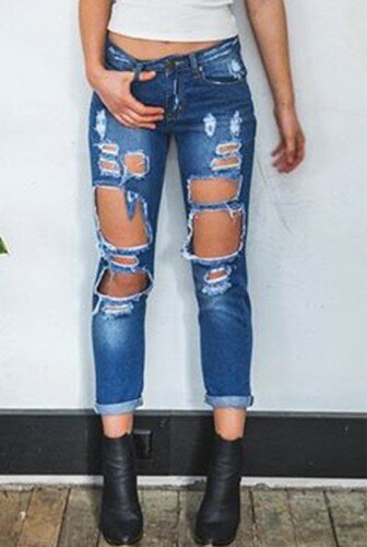Spodnie Jeansowe z Dziurami na Kolanach Ciemny Denim